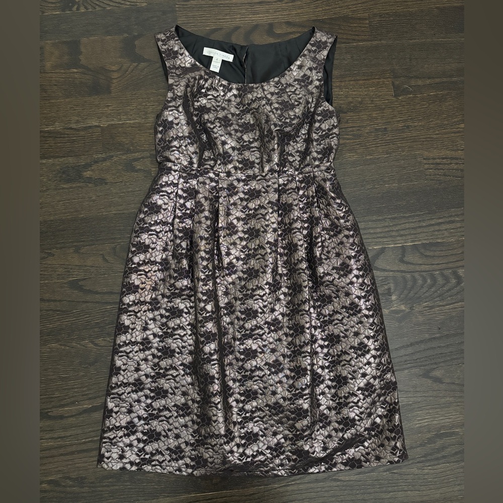 London Times Black and Silver Brocade Empire Waist Mini Dress